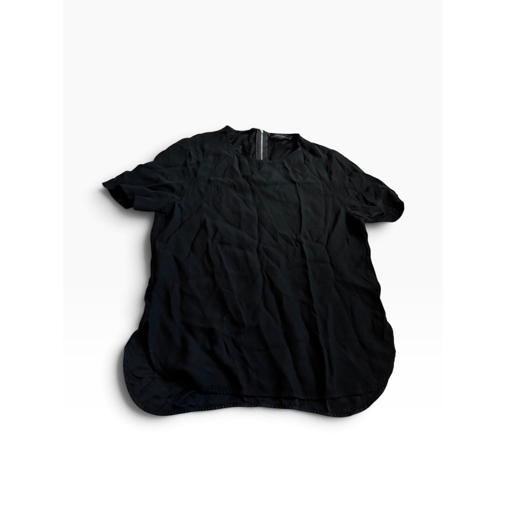 Zara Woman Blouse Size M Black Short Sleeve Exposed Zipper High-Low Hem Top